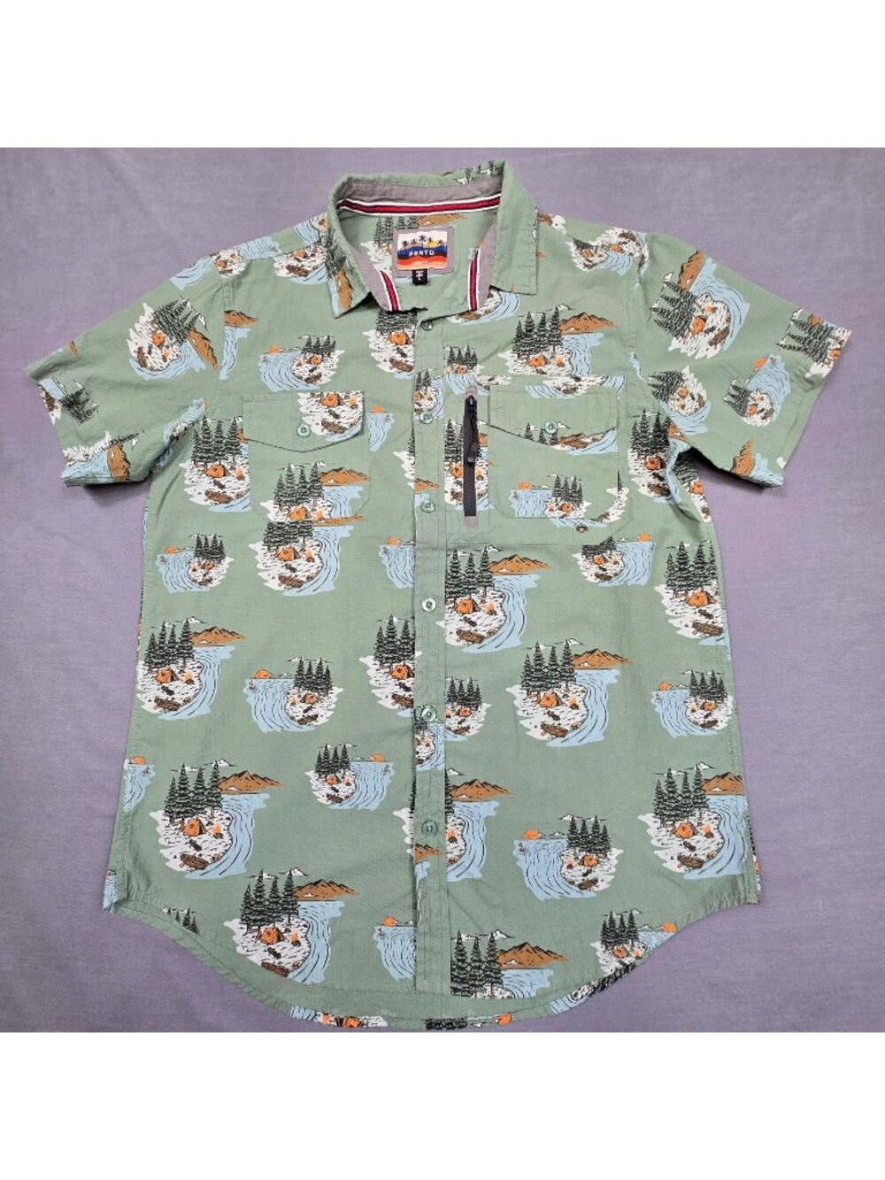 PRNTD by Polymer Mens Green Button-Up Shirt Forest Camping Short Sleeve L